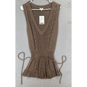 Anthropologie A. Cheng Shirt Womens Large Tan Drawstring Long V-Neck Blouse NEW